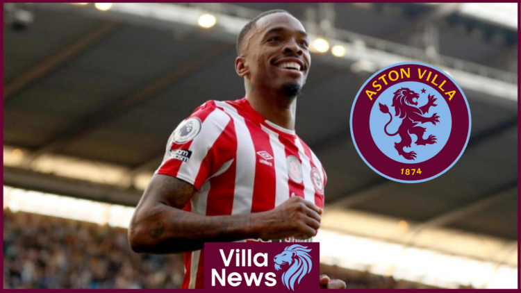 Brentford forward Ivan Toney and Aston Villa badge