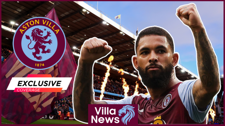 Douglas Luiz and Aston Villa badge Villa Park