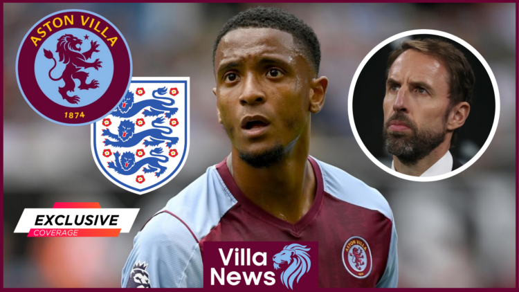 Ezri Konsa and Gareth Southgate with Aston Villa and England badges