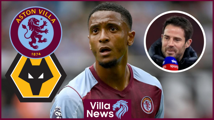 Ezri Konsa and Jamie Redknapp with Aston Villa and Wolves badges