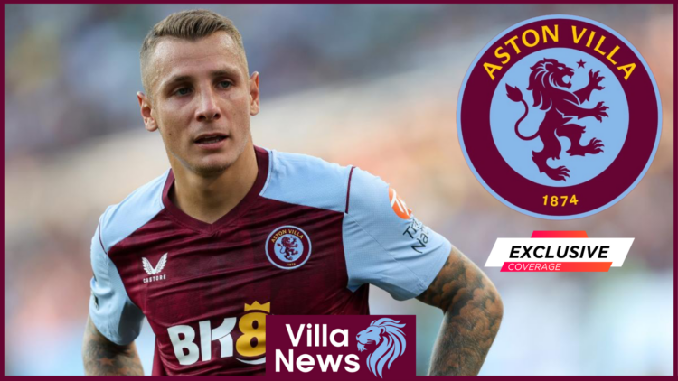 Lucas Digne with Aston Villa badge