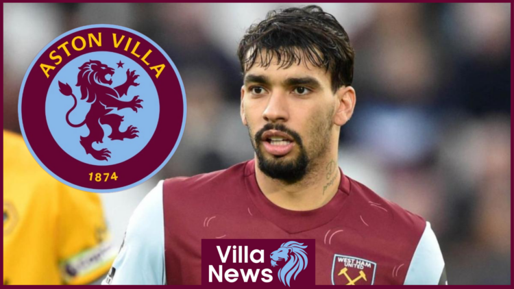 West Ham attacker Lucas Paqueta with Aston Villa badge