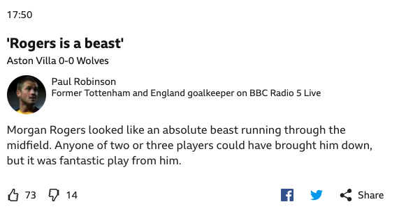 Paul Robinson on Morgan Rogers Aston Villa Wolves