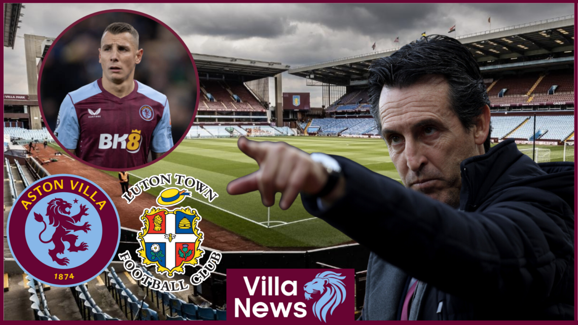 Unai Emery, Lucas Digne, Aston Villa and Luton Town crests