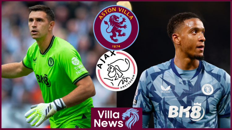 Emiliano Martinez and Ezri Konsa with Aston Villa and Ajax badges