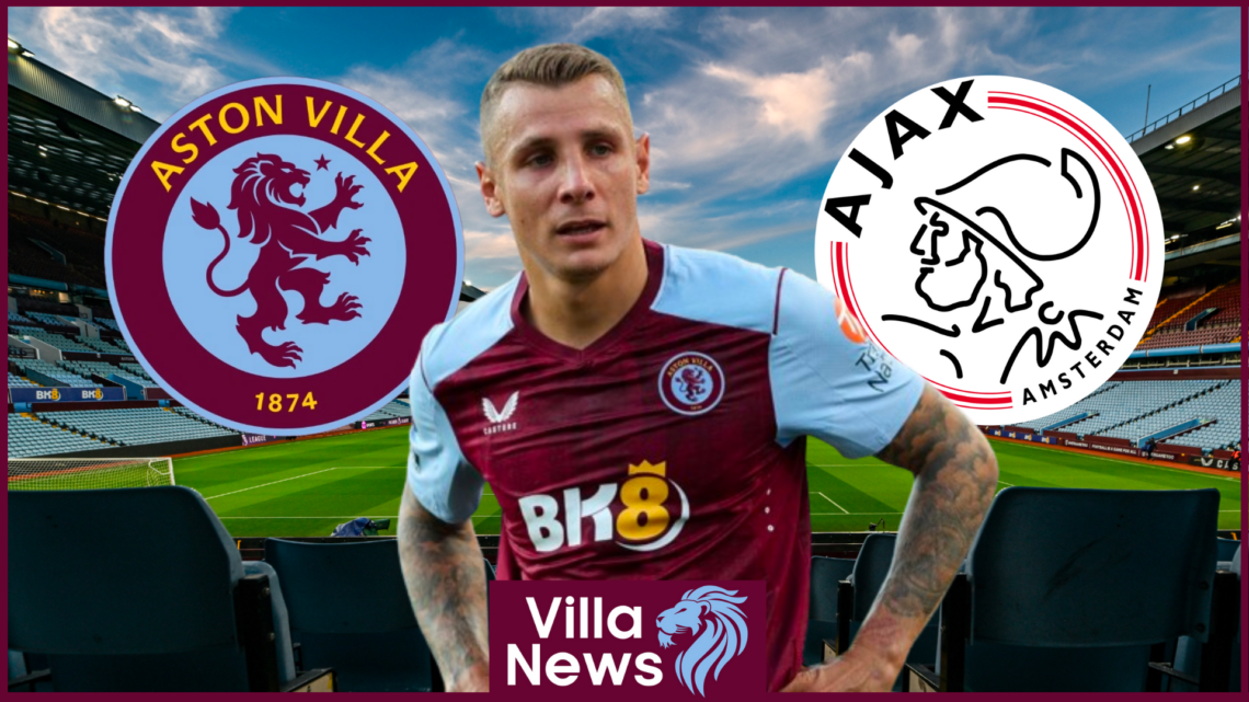 Lucas Digne with Aston Villa and Ajax badges
