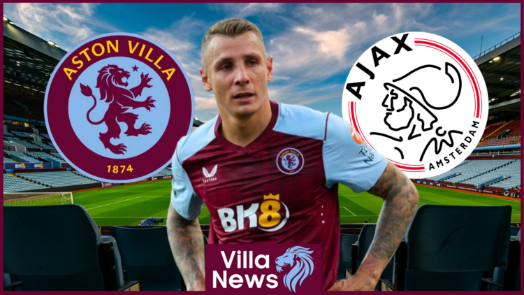 Lucas Digne with Aston Villa and Ajax badges