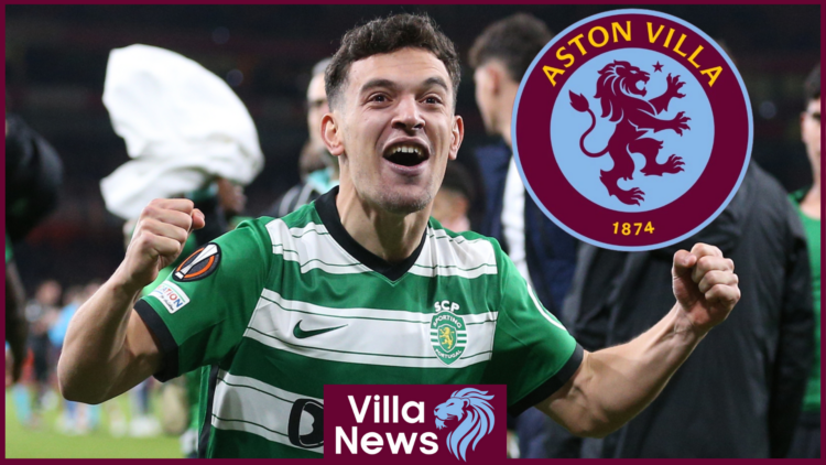 Pedro Goncalves with Aston Villa badge