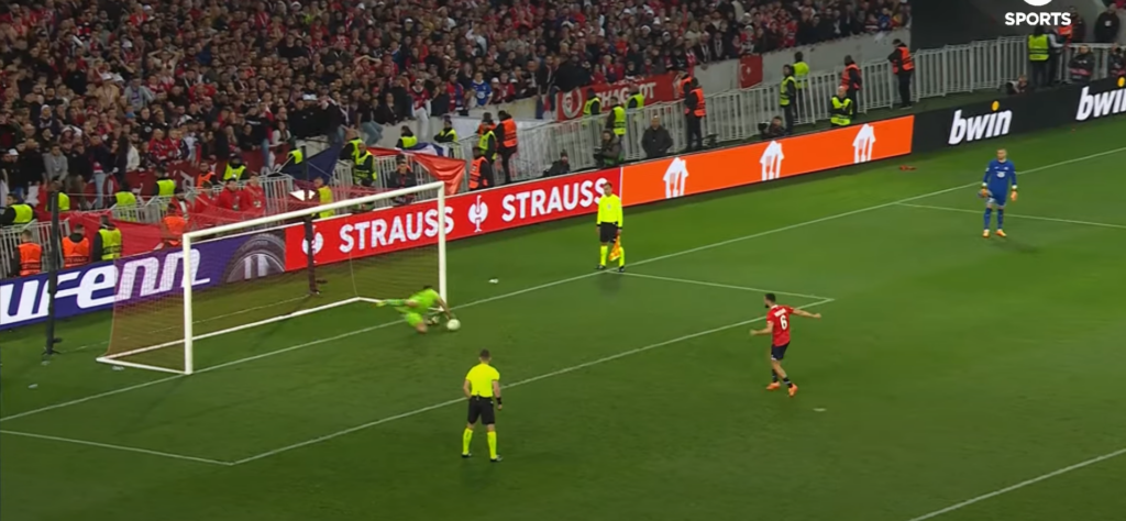 Emiliano Martinez denies Nabil Bentaleb in Aston Villa v Lille penalty shoot-out.