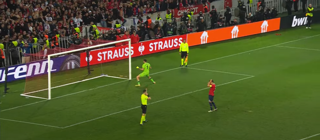 Emiliano Martinez celebrates penalty save v Benjamin Andre, Aston Villa v Lille. Credit: TNT Sport YouTube