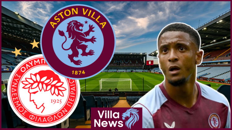 Ezri Konsa, Aston Villa badge, Olympiacos badge, Villa Park