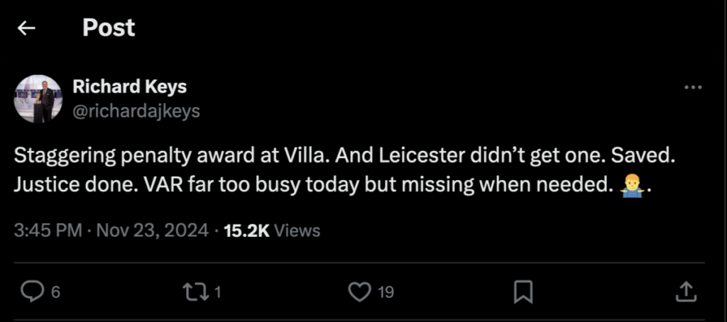 Richard Keys Aston Villa tweet