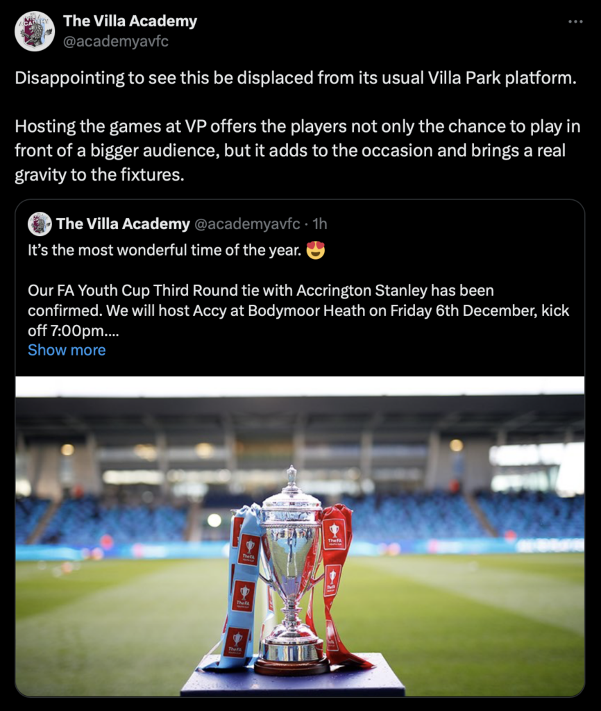 The Villa Academy Tweet [Credit: @academyavfc on X]