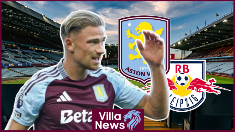 Matty Cash, Aston Villa badge, RB Leipzig badge