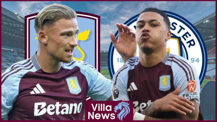 Matty Cash, Morgan Rogers, Aston Villa badge, Manchester City badge