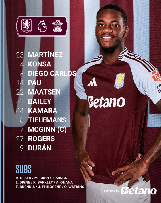 Aston Villa confirmed XI v Southampton