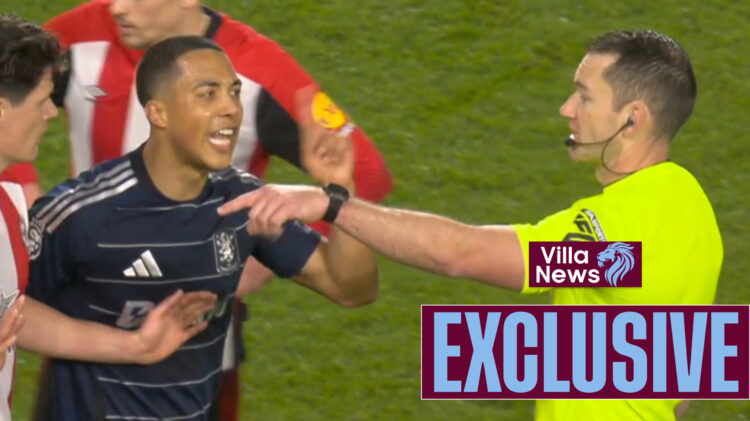 Youri Tielemans remonstrates with Jarred Gillett in Brentford v Aston Villa.