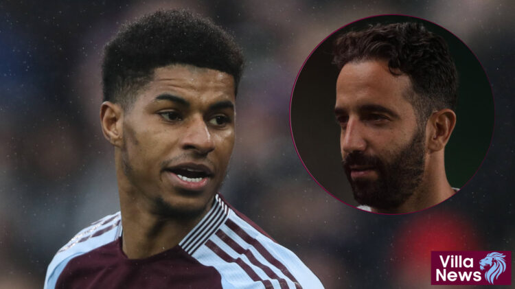 Aston Villa forward Marcus Rashford and Manchester United manager Ruben Amorim