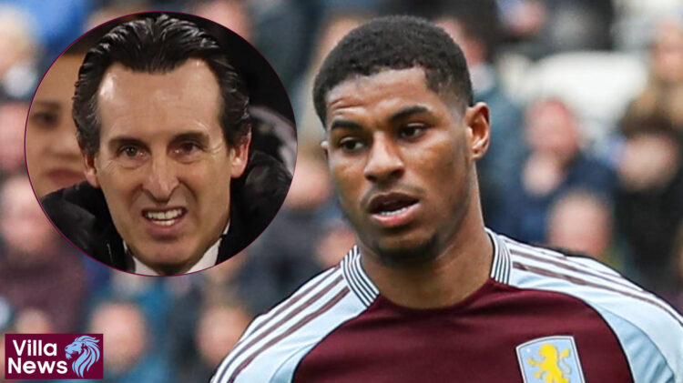 Aston Villa forward Marcus Rashford and Unai Emery