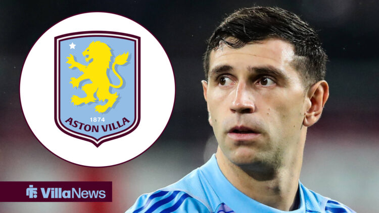 Emi Martinez looking neutral with Aston Villa badge in circular frame