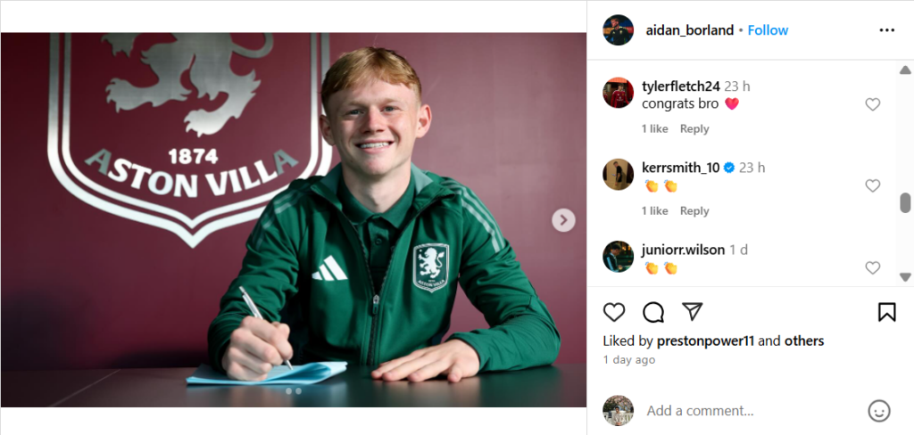 Manchester United youngster Tyler Fletcher reacts to Aidan Borland's new contract at Aston Villa on Instagram.