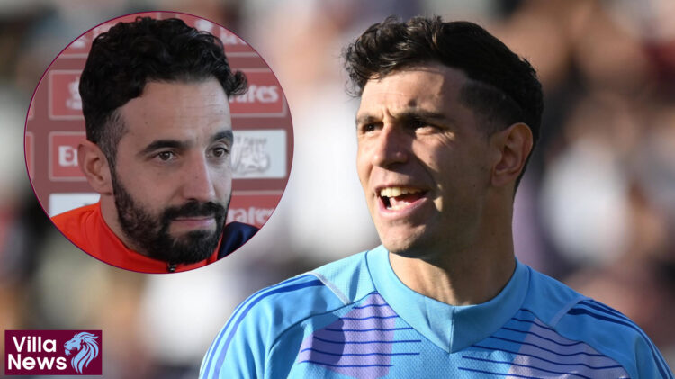 Aston Villa goalkeeper Emi Martinez and Manchester United manager Ruben Amorim