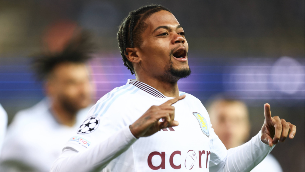 Leon Bailey in his Aston Villa away kit, mouth open.
