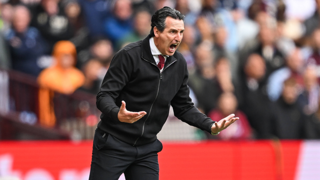 Aston Villa manager Unai Emery shouting on the sideline.