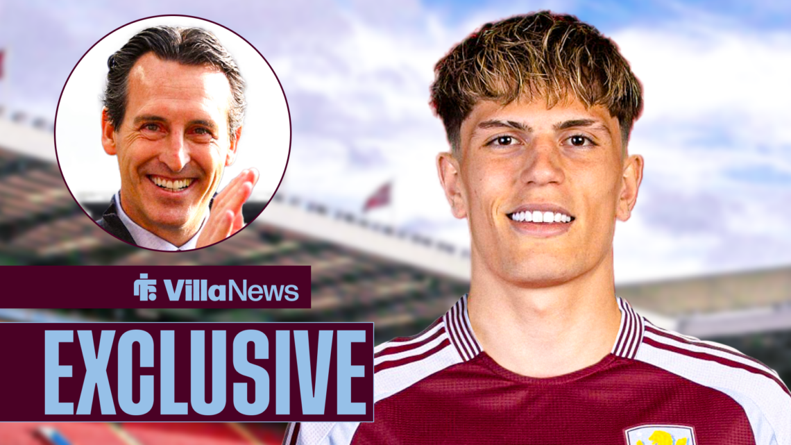 Villa News exclusive as Alejandro Garnacho smiles while Aston Villa manager Unai Emery applauds.
