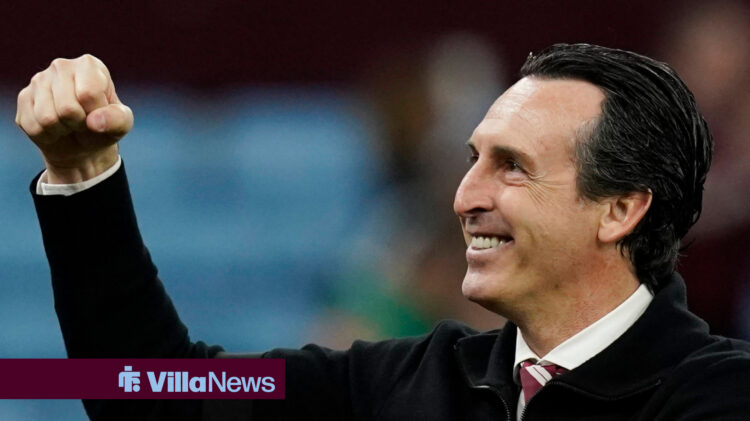 Aston Villa manager Unai Emery smiling with his fist in the air