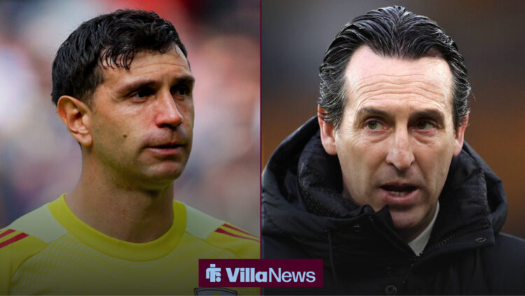 Aston Villa goalkeeper Emi Martinez and manager Unai Emery.