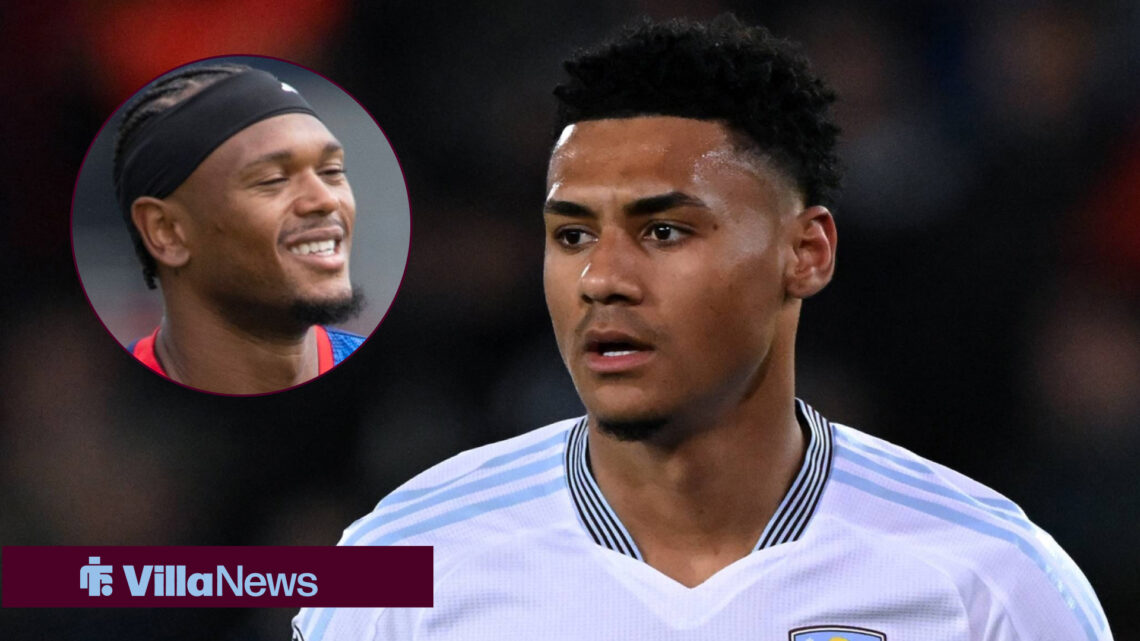 Aston Villa striker Ollie Watkins watches on as transfer target Lois Openda smiles.