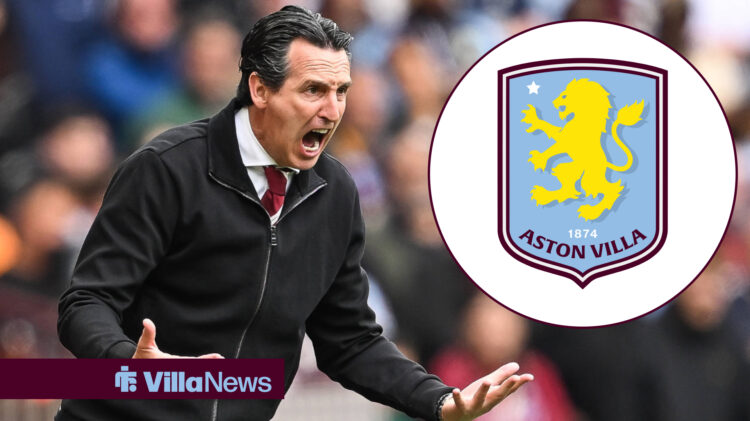 Aston Villa manager Unai Emery look at a circular inset of the club's badge.