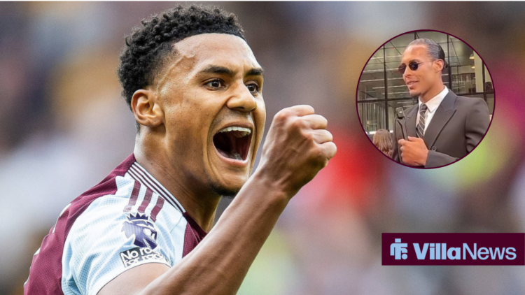 Ollie Watkins celebrating at Aston Villa towards a picture of Virgil van Dijk at the PFA Awards
