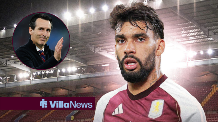 Lucas Paqueta in Aston Villa shirt with Unai Emery in circular frame