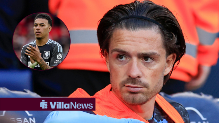Jack Grealish sat in the Etihad stands with Morgan Rogers in a circular inset.