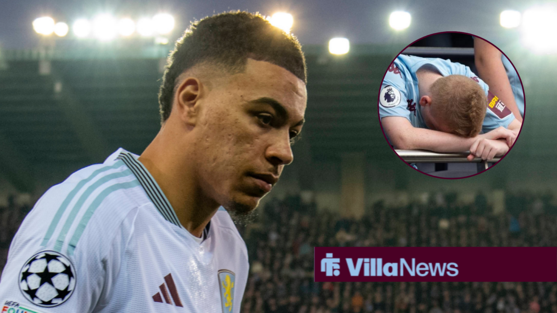 Morgan Rogers looking frustrated alongside a disappointed Aston Villa fan in a circle