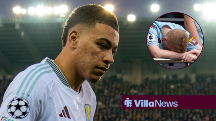 Morgan Rogers looking frustrated alongside a disappointed Aston Villa fan in a circle
