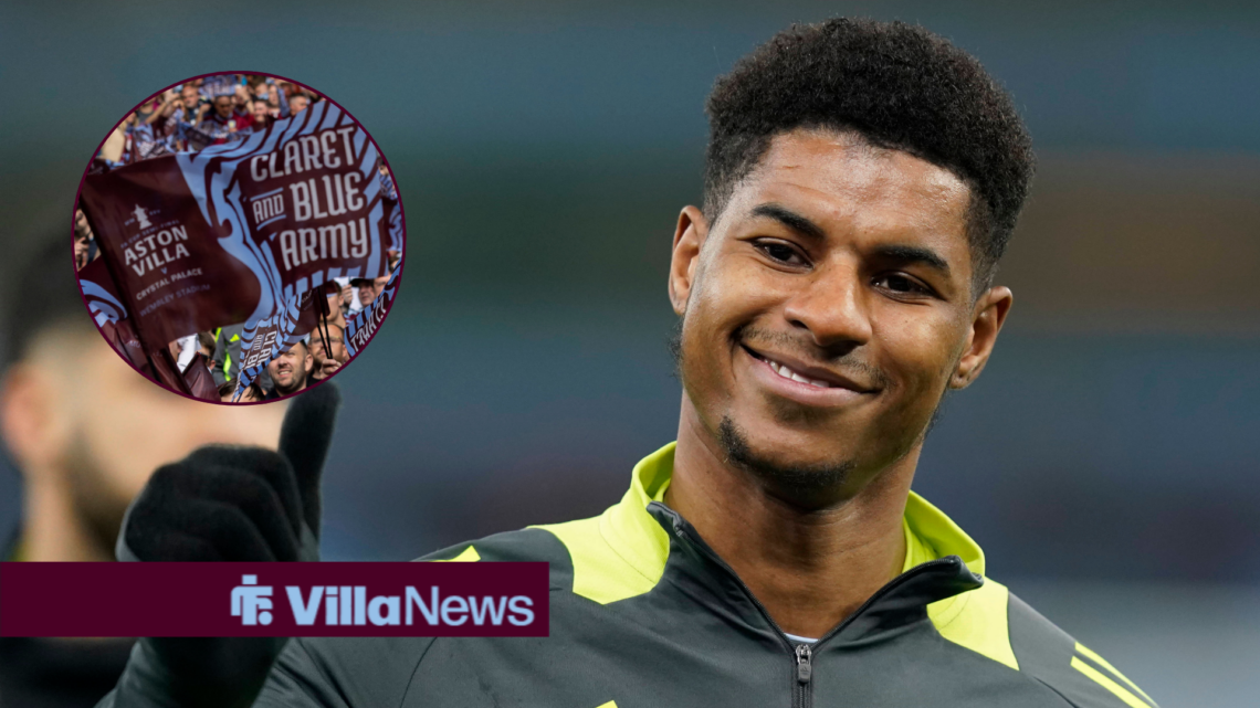 Marcus Rashford smiling with his thumbs up towards Aston Villa fans in a circle frame