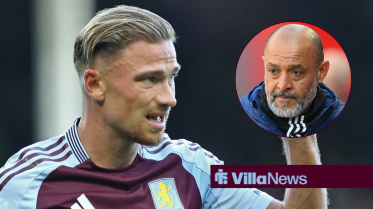 Matty Cash looking worried towards Nottingham Forest manager Nuno Espirito Santo