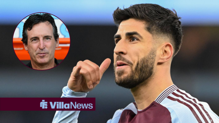 Marco Asensio celebrating looking at a circle insert of Aston Villa manager Unai Emery