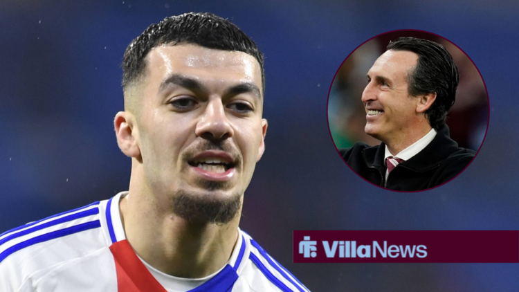 Aston Villa manager Unai Emery smiling towards Lyon forward Georges Mikautadze