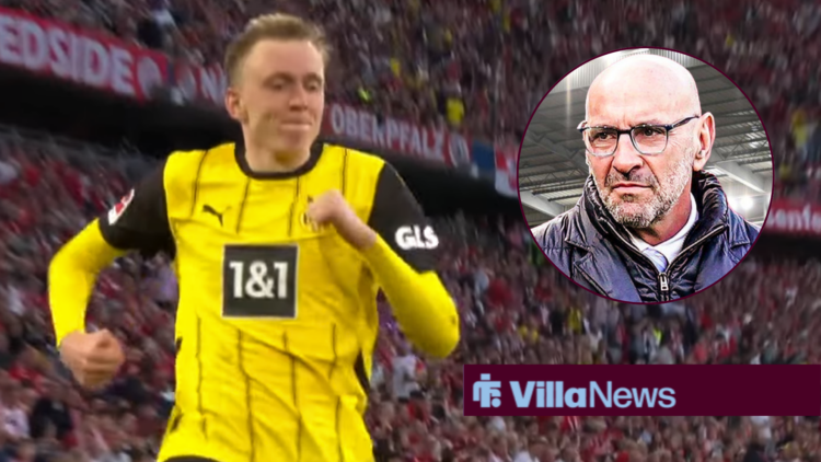 Maximilian Beier celebrating a goal next to a circle inset of Monchi