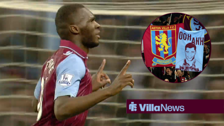 Christian Benteke celebrating for Aston Villa next to a circle image of fans in a circle