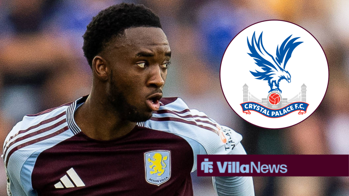 Lamare Bogarde playing for Aston Villa looking towards a Crystal Palace badge