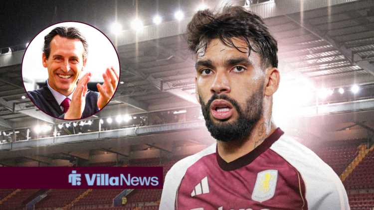 Unai Emery clapping and smiling looking towards Lucas Paqueta in an Aston Villa shirt