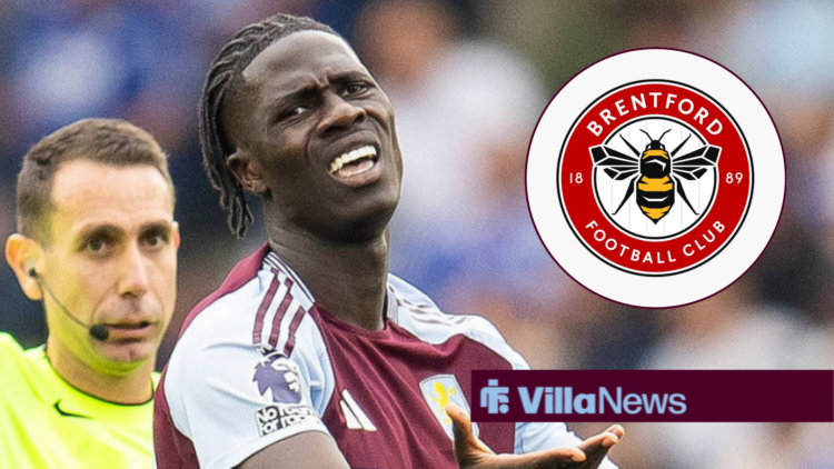 Amadou Onana looking frustrated at Aston Villa looking towards a Brentford badge