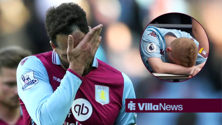 Joleon Lescott putting his hands to his face next to a disappointed Aston Villa fan