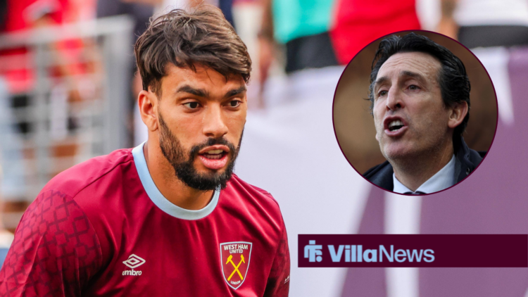 Unai Emery in a circle insert looking towards Lucas Paqueta playing for West Ham