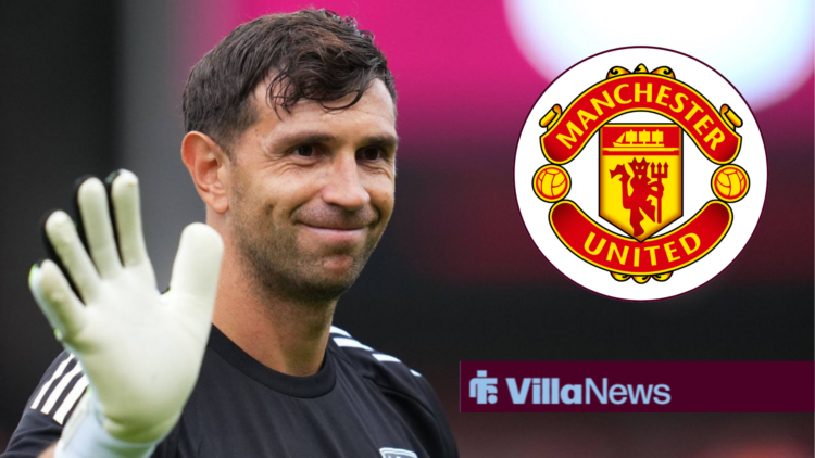 Emi Martinez smiling and waving towards a Manchester United badge